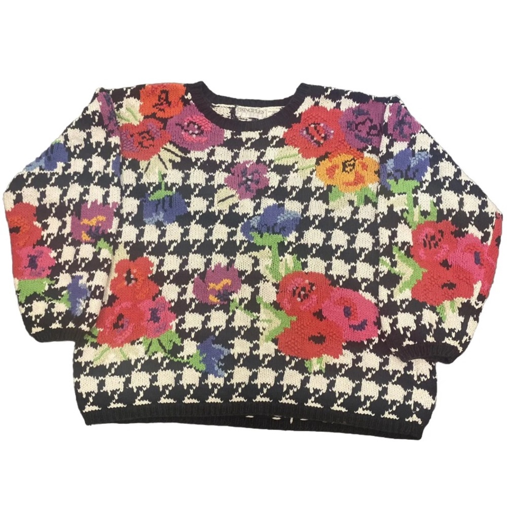 Vintage 80s Principles Petite Cotton Sweater Black & White Floral Medium